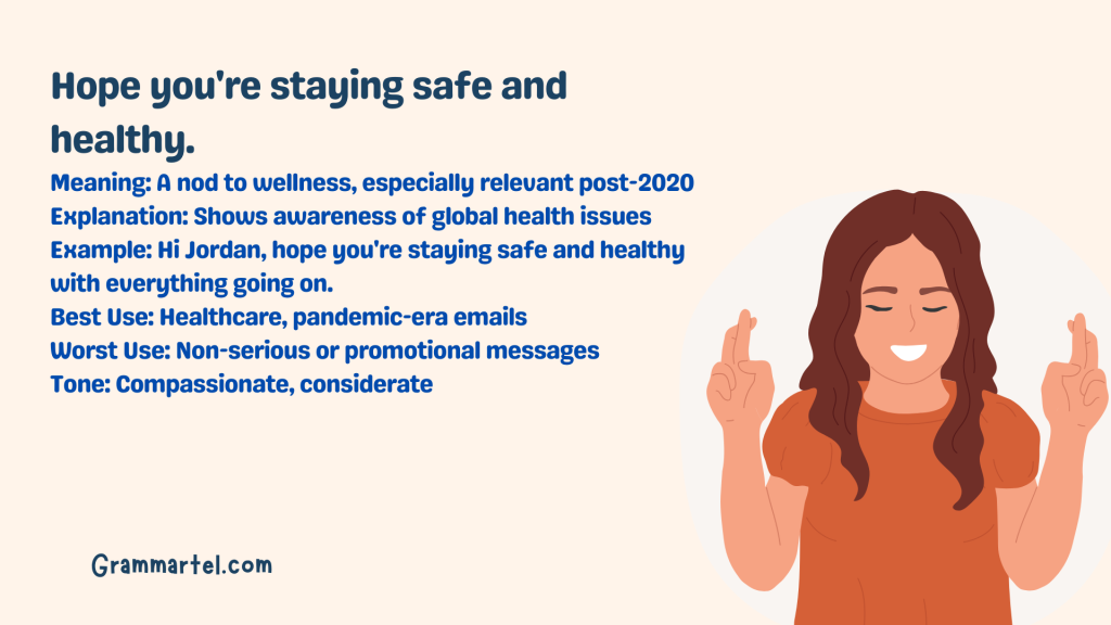 Hope you're staying safe and healthy.

Meaning: A nod to wellness, especially relevant post-2020
Explanation: Shows awareness of global health issues
Example: Hi Jordan, hope you're staying safe and healthy with everything going on.
Best Use: Healthcare, pandemic-era emails
Worst Use: Non-serious or promotional messages
Tone: Compassionate, considerate