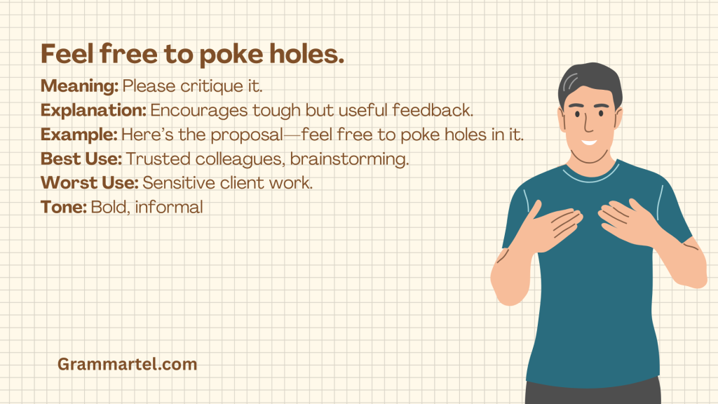 Feel free to poke holes.

Meaning: Please critique it.
Explanation: Encourages tough but useful feedback.
Example: Here’s the proposal—feel free to poke holes in it.
Best Use: Trusted colleagues, brainstorming.
Worst Use: Sensitive client work.
Tone: Bold, informal
