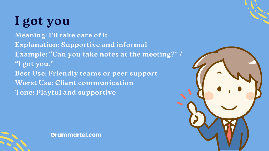 I got you

Meaning: I’ll take care of it
Explanation: Supportive and informal
Example: “Can you take notes at the meeting?” / “I got you.”
Best Use: Friendly teams or peer support
Worst Use: Client communication
Tone: Playful and supportive