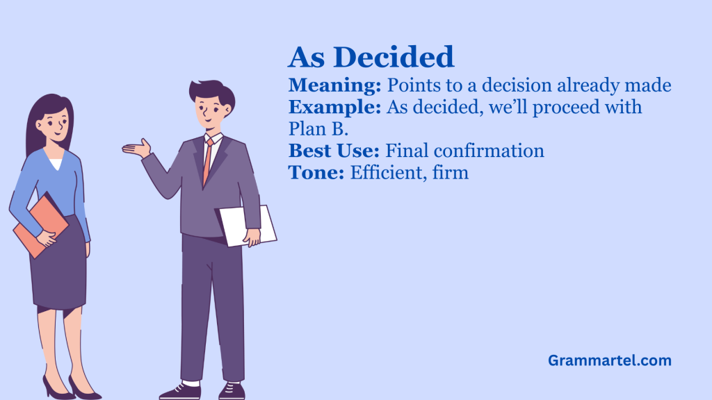 As decided
 Meaning: Points to a decision already made
Example: As decided, we’ll proceed with Plan B.
Best Use: Final confirmation
Tone: Efficient, firm