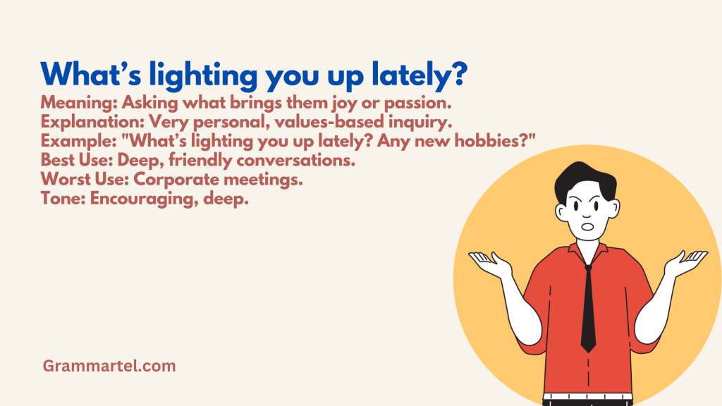 What’s lighting you up lately?

Meaning: Asking what brings them joy or passion.
Explanation: Very personal, values-based inquiry.
Example: "What’s lighting you up lately? Any new hobbies?"
Best Use: Deep, friendly conversations.
Worst Use: Corporate meetings.
Tone: Encouraging, deep.