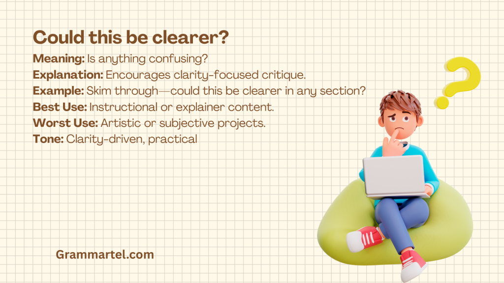 Could this be clearer?

Meaning: Is anything confusing?
Explanation: Encourages clarity-focused critique.
Example: Skim through—could this be clearer in any section?
Best Use: Instructional or explainer content.
Worst Use: Artistic or subjective projects.
Tone: Clarity-driven, practical