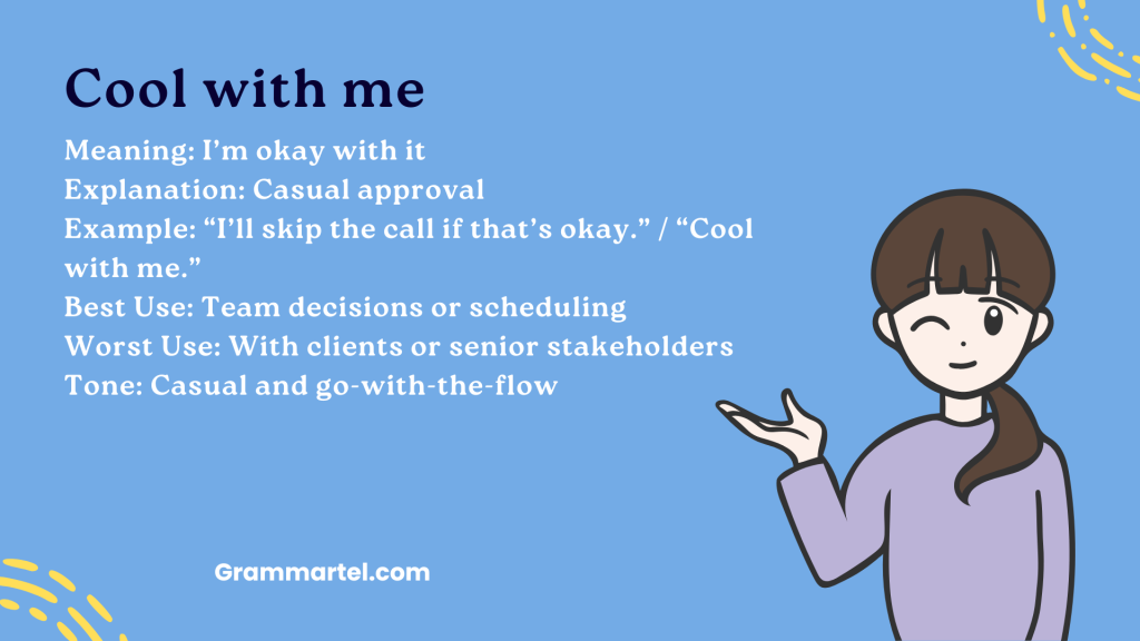 Cool with me

Meaning: I’m okay with it
Explanation: Casual approval
Example: “I’ll skip the call if that’s okay.” / “Cool with me.”
Best Use: Team decisions or scheduling
Worst Use: With clients or senior stakeholders
Tone: Casual and go-with-the-flow